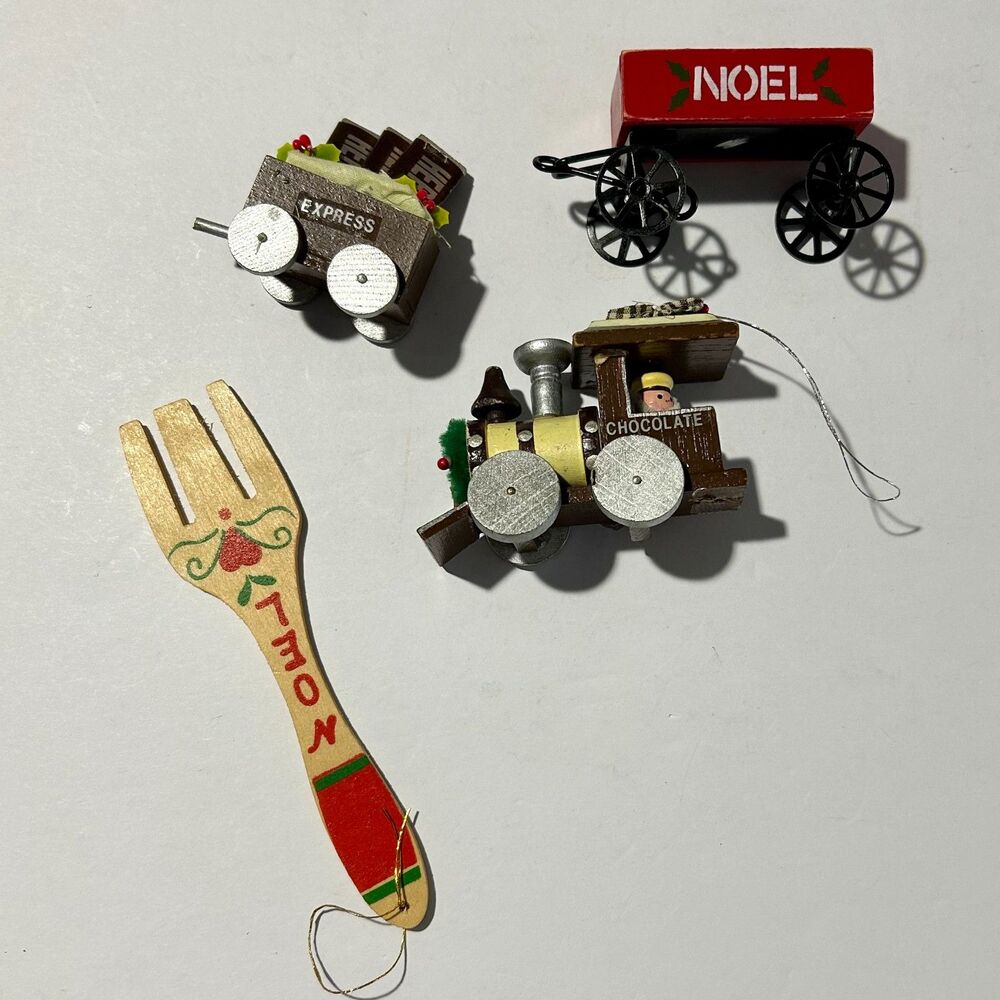 VTG 80s Wooden Christmas Ornament Lot, 4pc- Hershey, Fork, Wagon